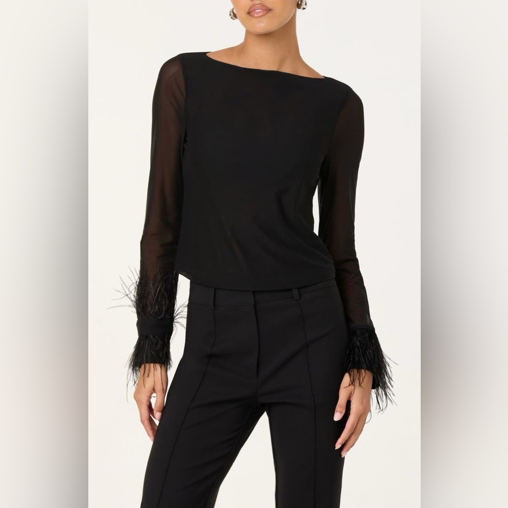 ASTR the Label Brisa Feather Trim Long Sleeve Top Black Medium NWT